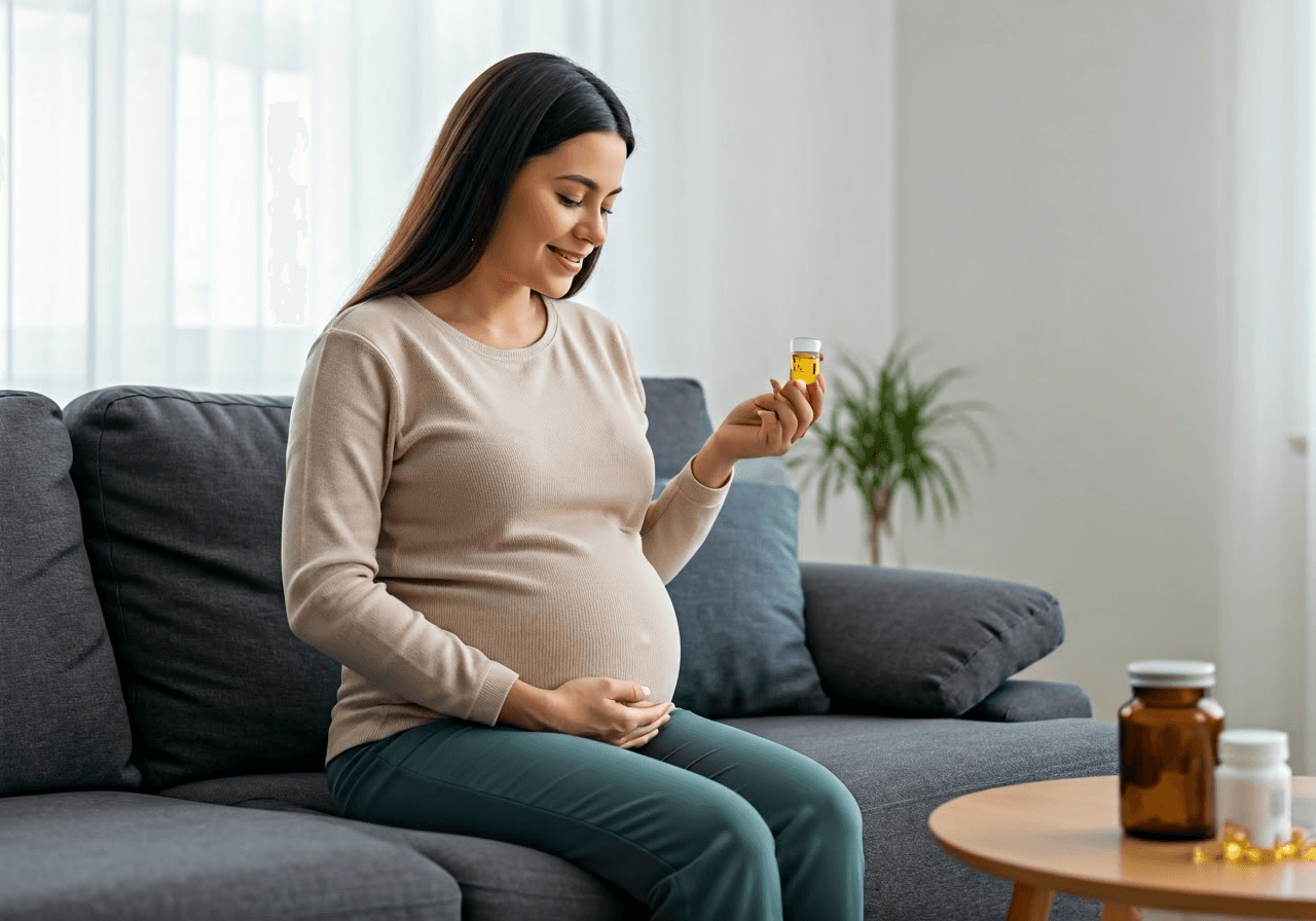 Pregnant woman with vitamins.