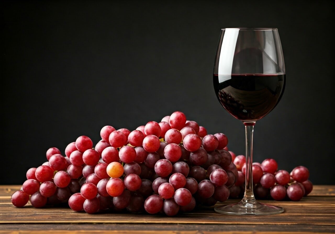 Red grapes and wine