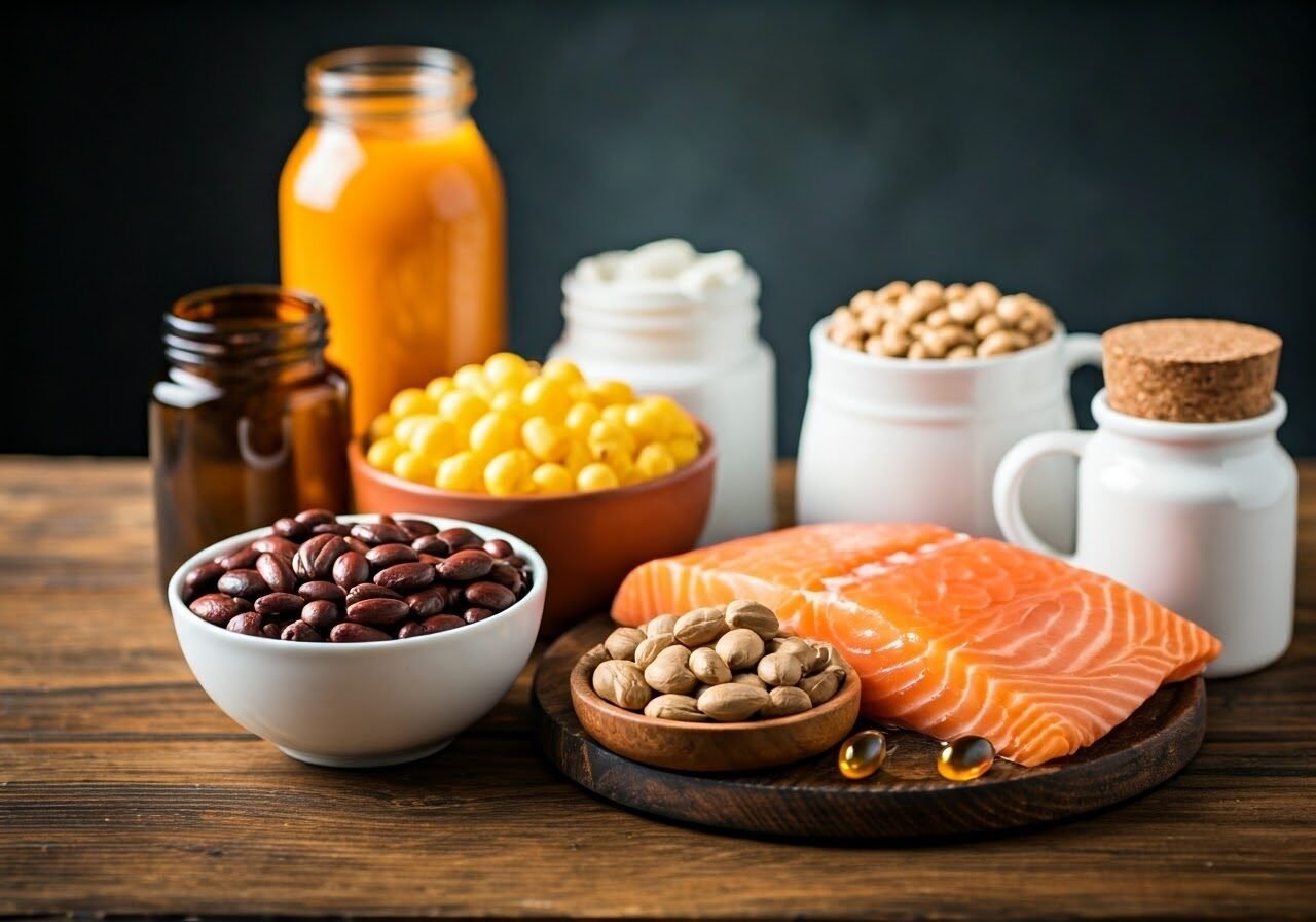 Assortment of vitamin B foods and supplements