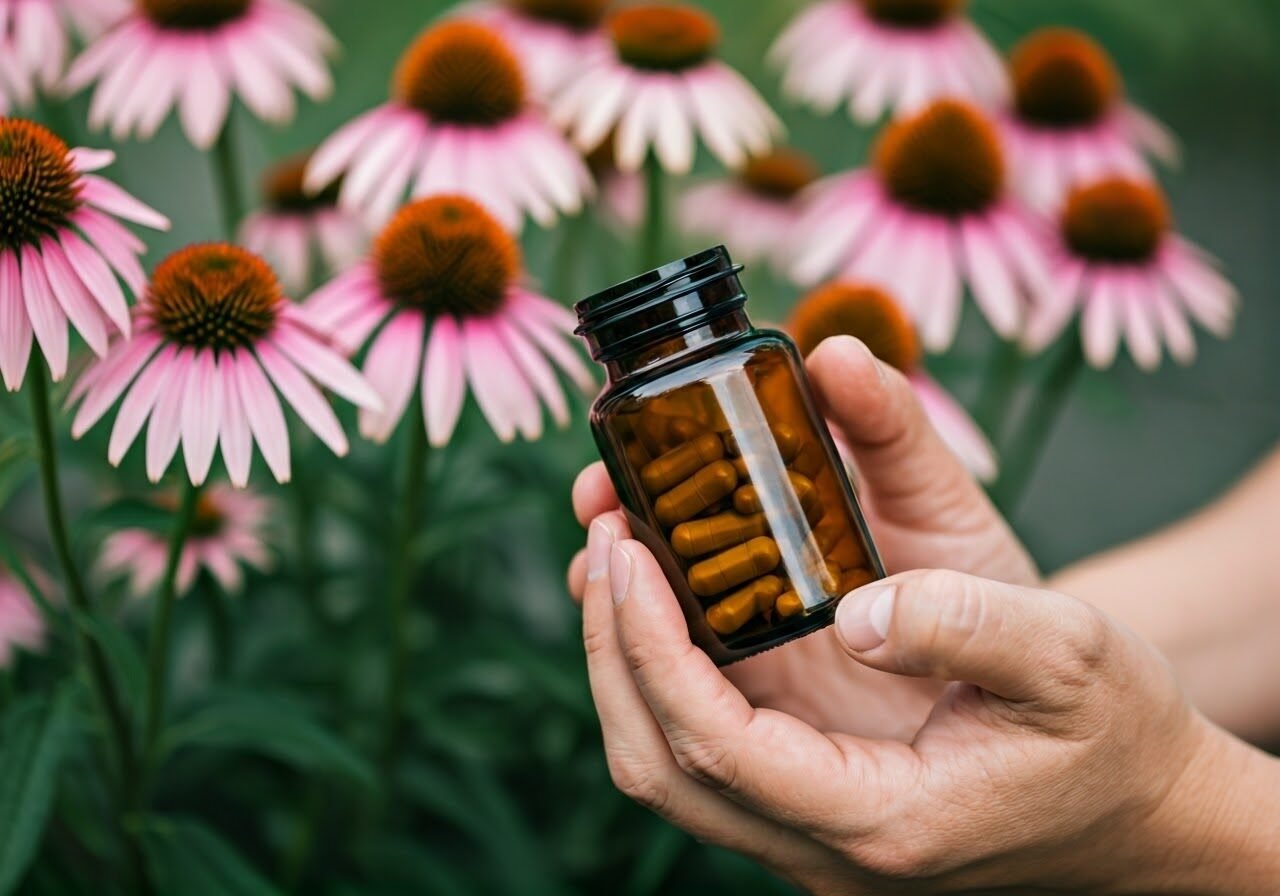 Person holding echinacea supplement