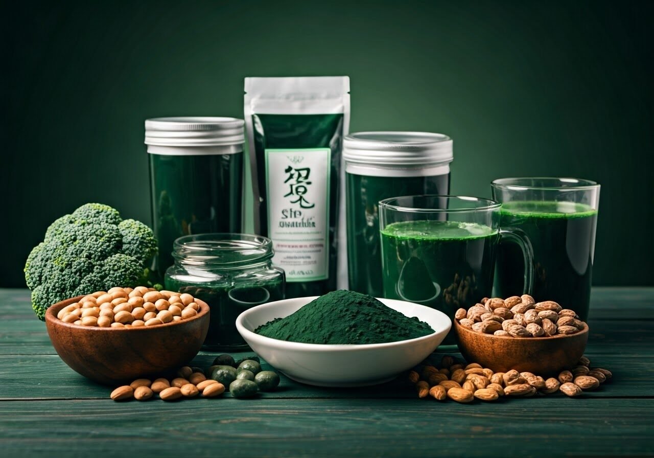 Display of spirulina and healthy foods