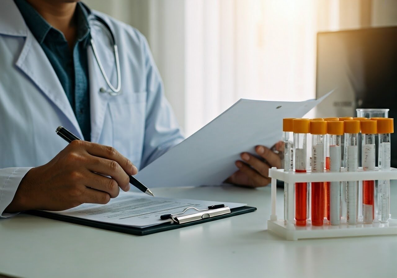 Healthcare professional examining lab tests