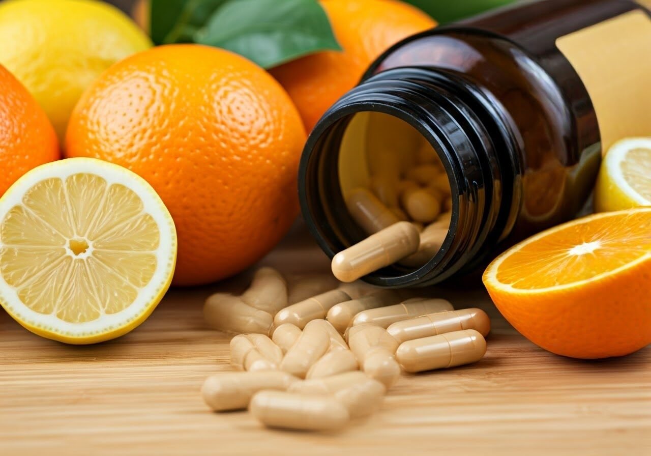 Vitamin C capsules with fruits