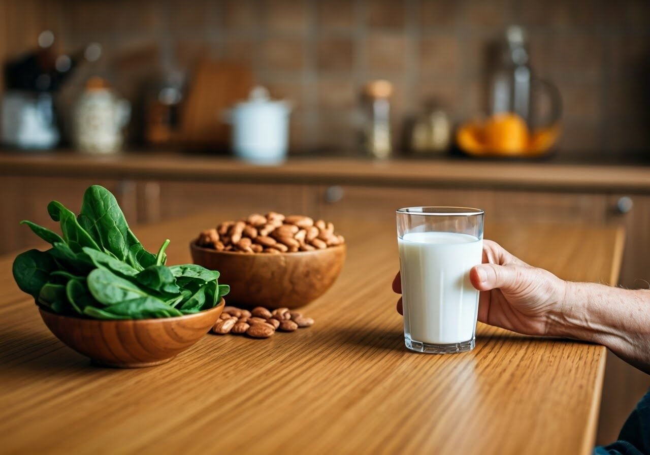 Elderly person with calcium-rich foods