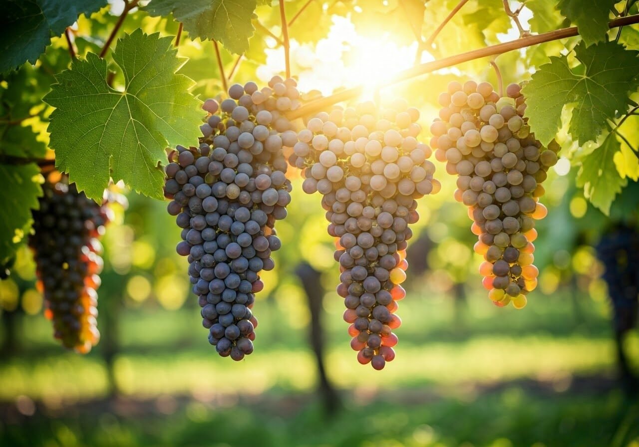 Vibrant vineyard with grapes.