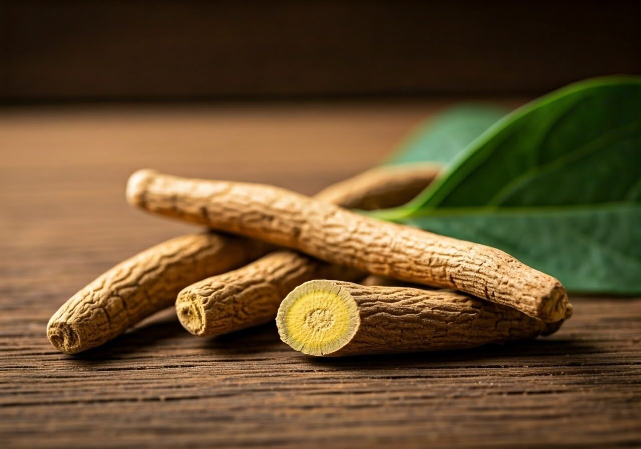 Fresh ashwagandha roots on wood