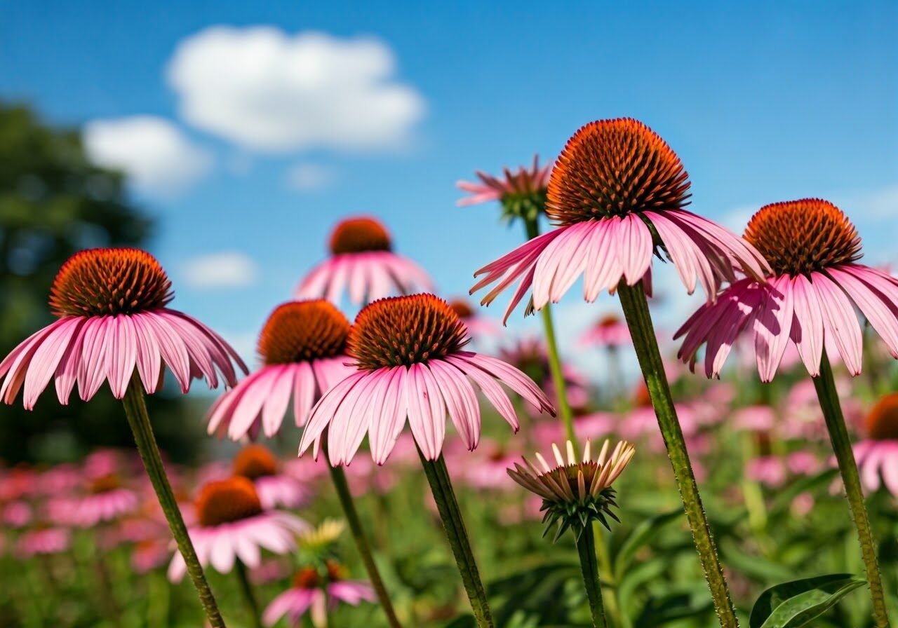 Field of blooming echinacea flowers