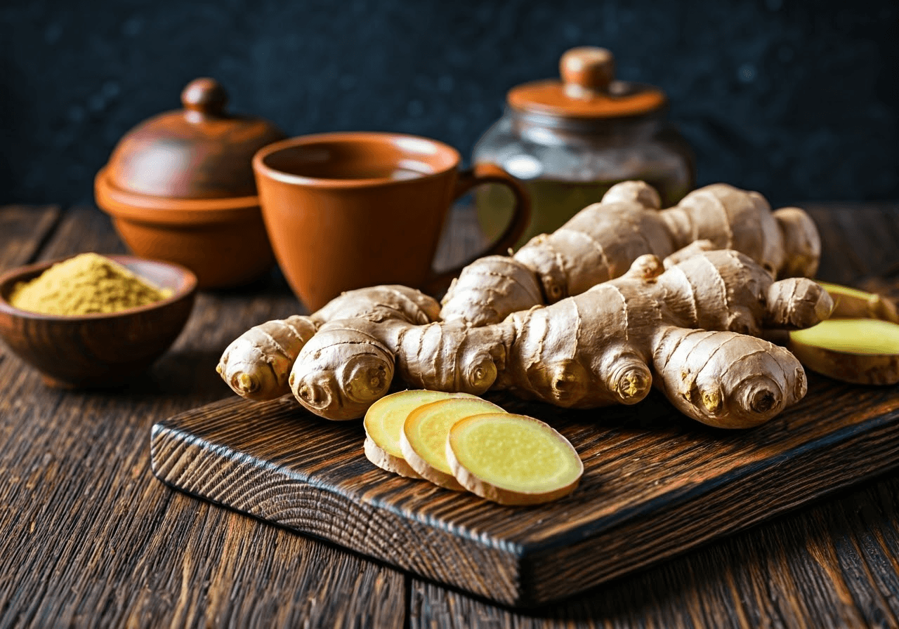 Fresh ginger on cutting board.