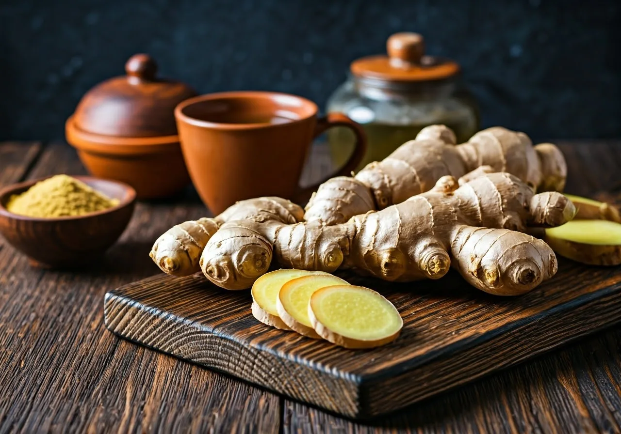 Fresh ginger on cutting board.