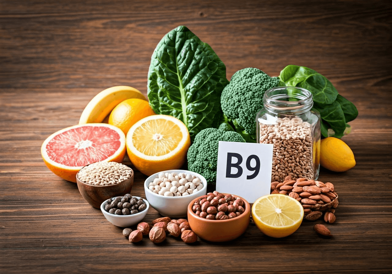 Vitamin B9-rich foods displayed.