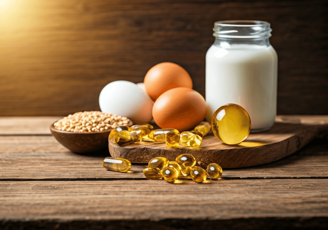 Vitamin D3 capsule with healthy foods.