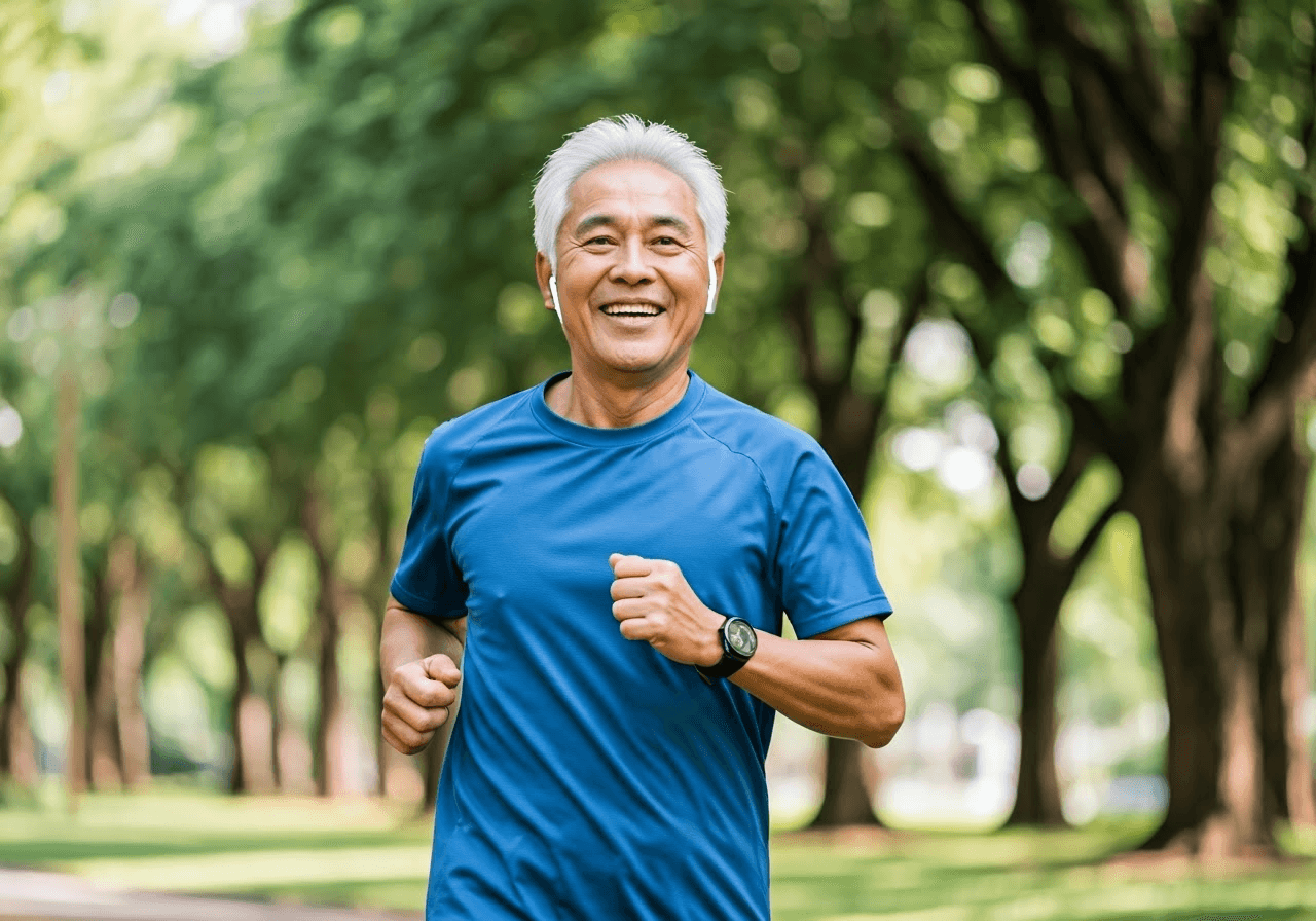 Active older adult jogging in a park