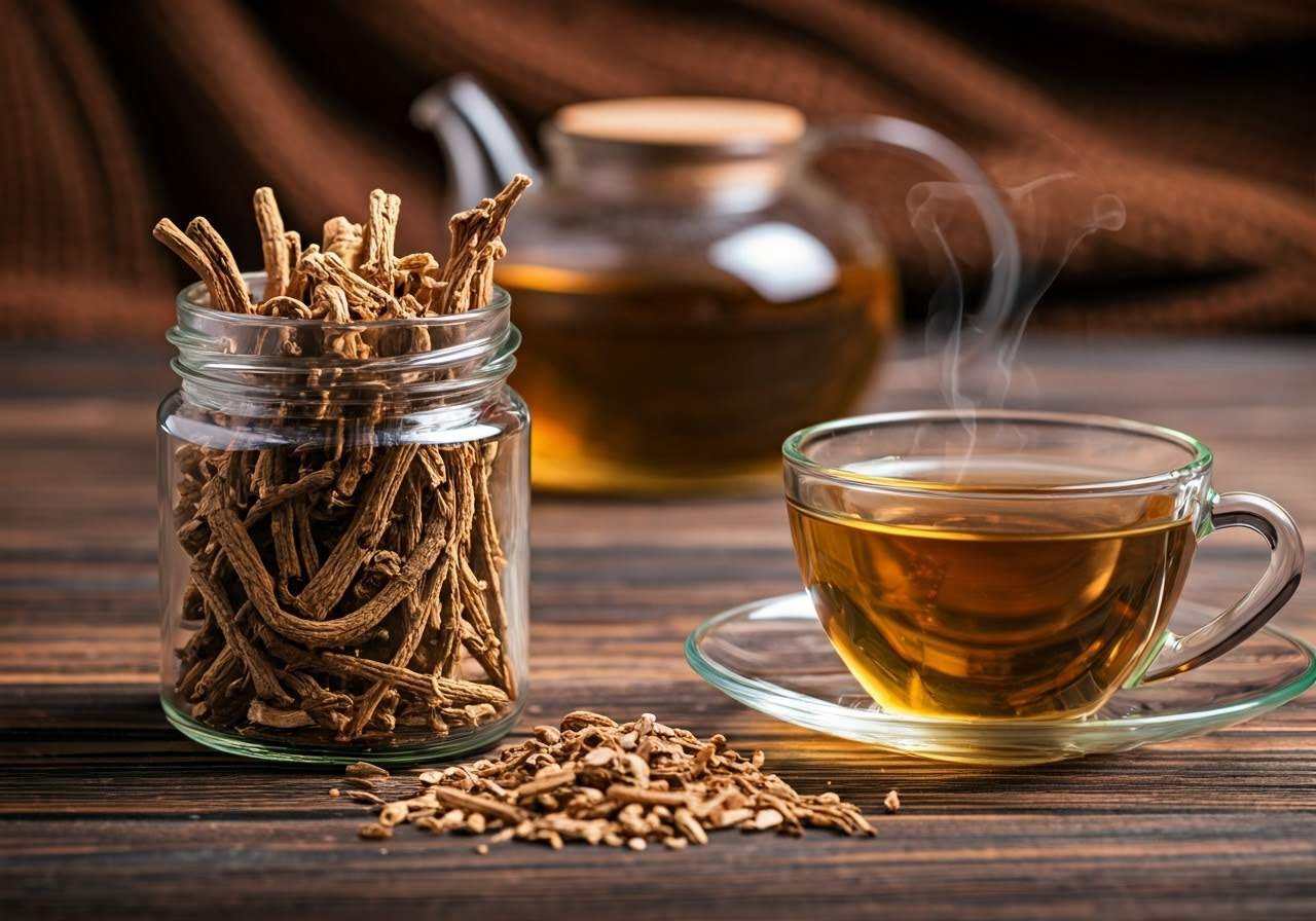 Valerian root and tea setup.