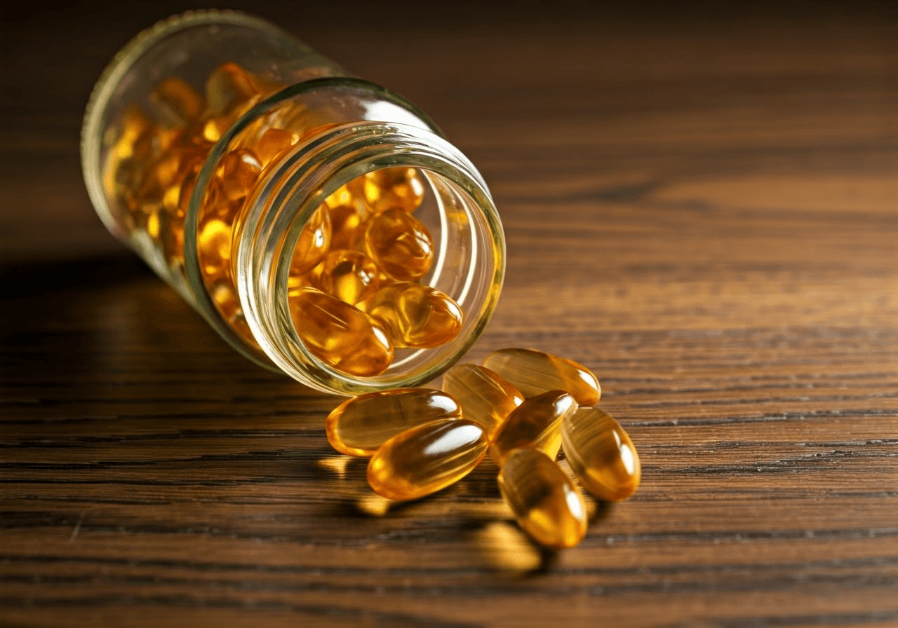 Fish oil capsules on wood.