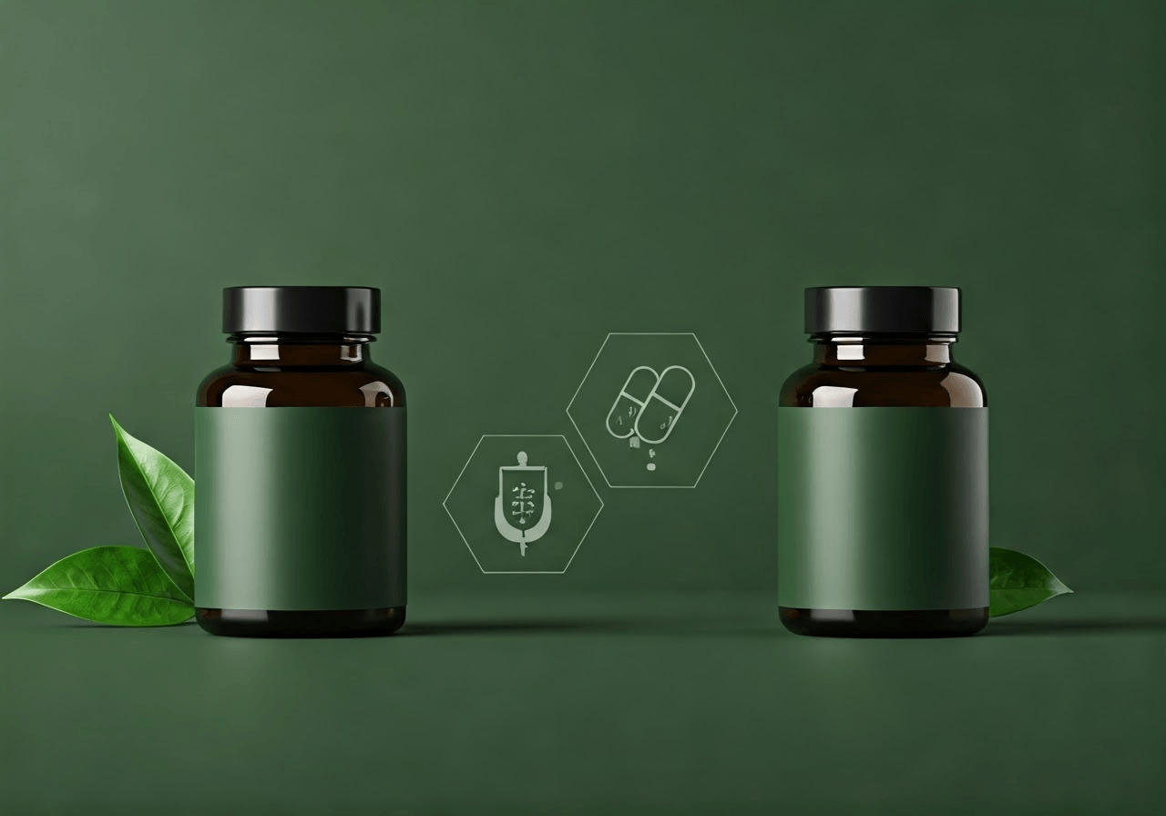 Modern supplement bottle on neutral surface