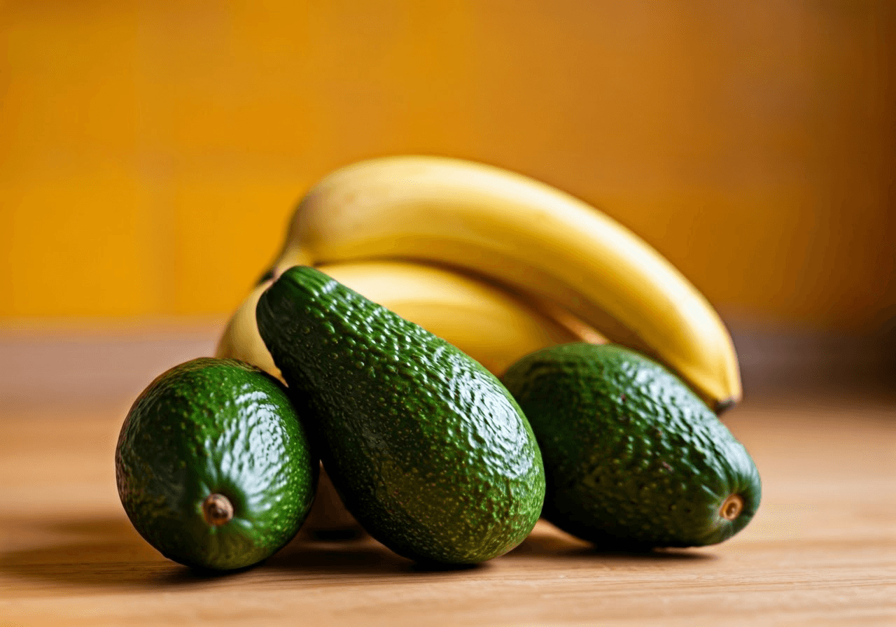 Fresh potassium-rich fruits in kitchen