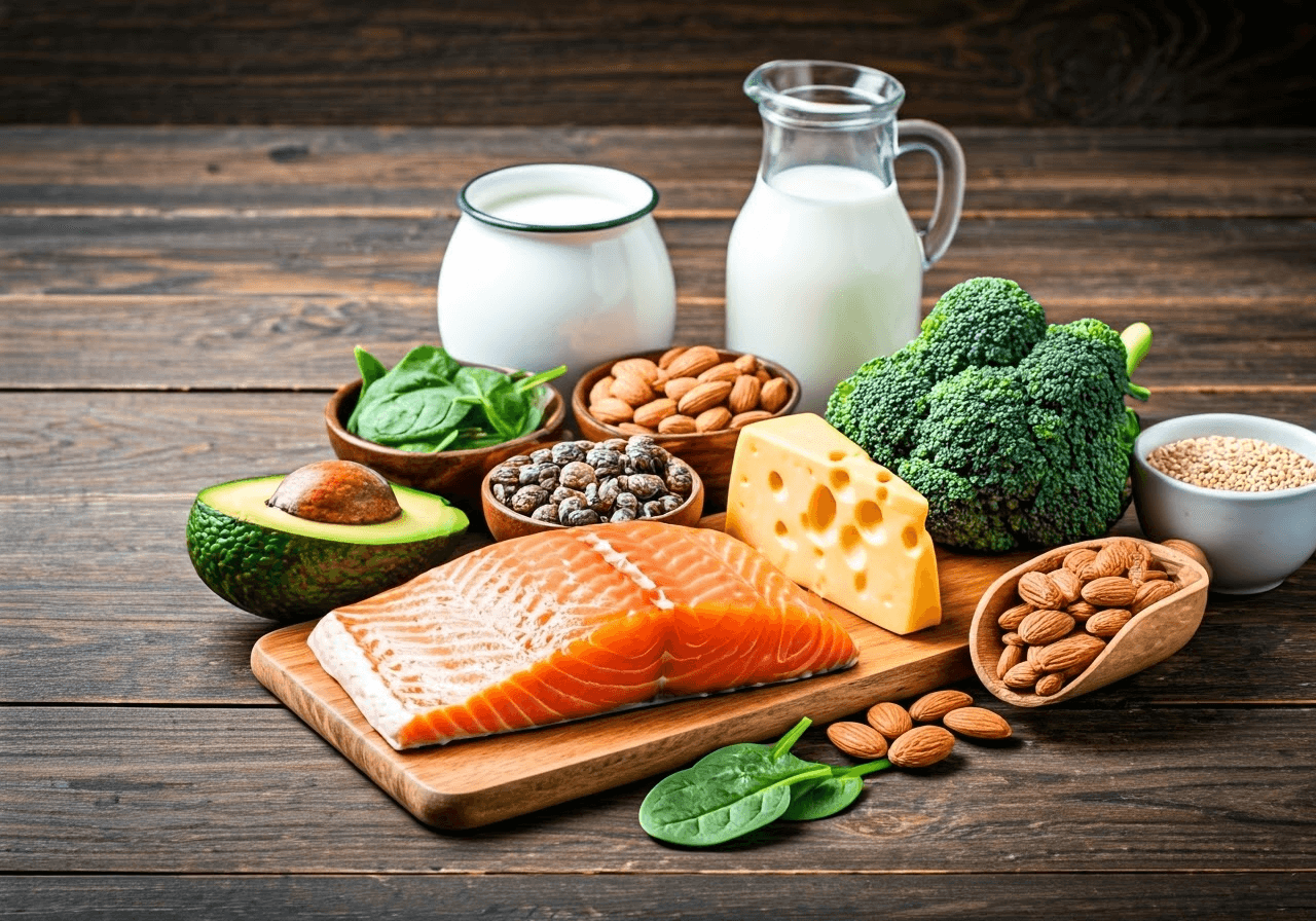 A variety of vitamin B2 (riboflavin)-rich foods displayed on a wooden table, including salmon, cheese, milk, almonds, spinach, broccoli, avocado, chia seeds, and whole grains. These nutrient-dense foods provide essential riboflavin for energy production and overall health.