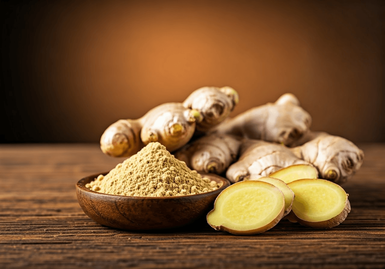 Fresh ginger roots and powder.