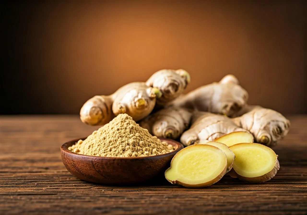 Fresh ginger roots and powder.