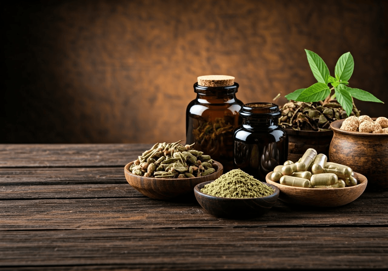 Herbal supplements arranged on wooden table.