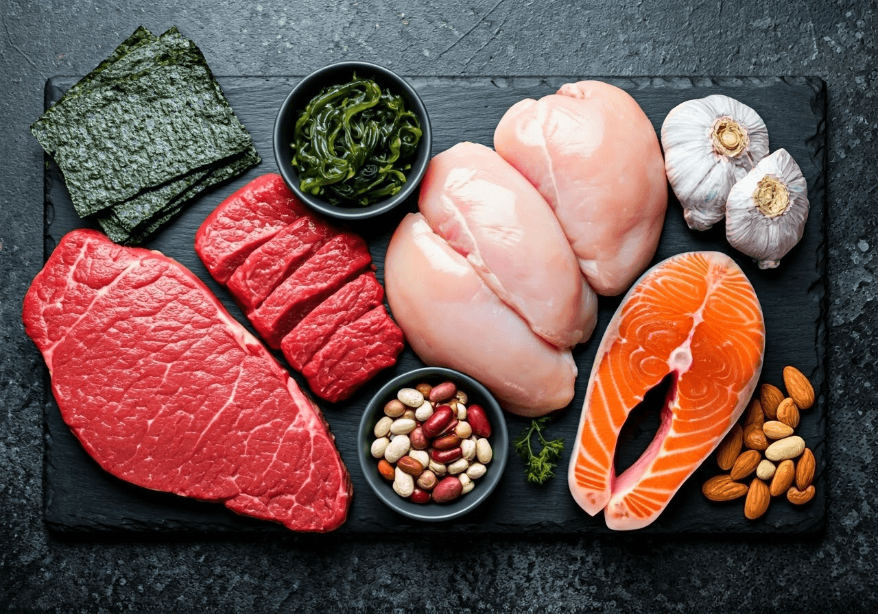 Taurine-rich foods arranged beautifully.