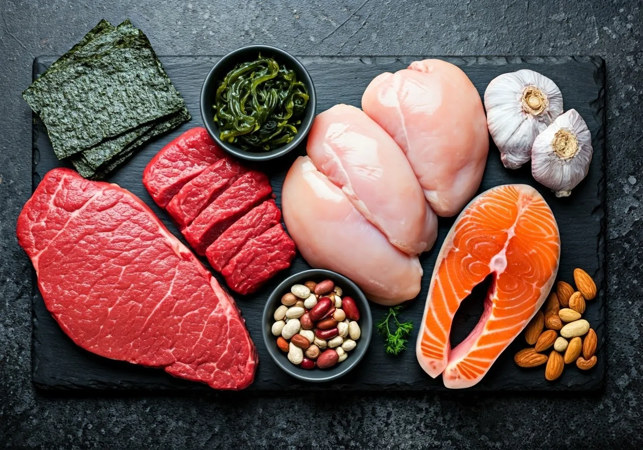 Taurine-rich foods arranged beautifully.