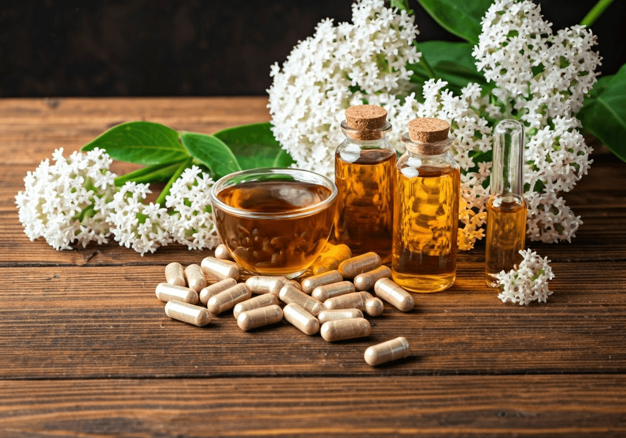 Valerian root supplements and flowers.