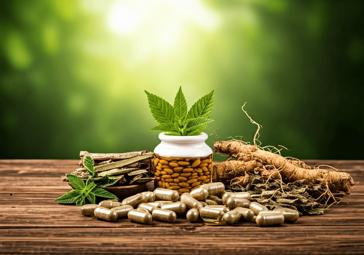 Herbal supplements on table.