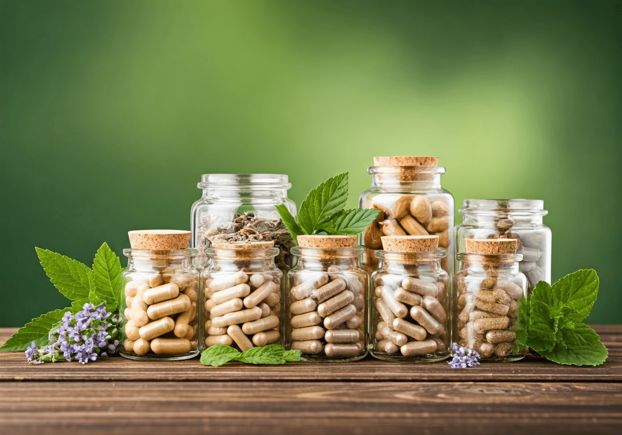 Herbal supplements and leaves.