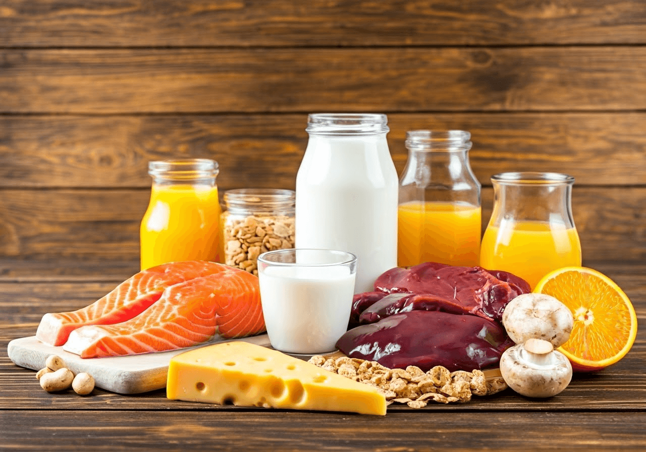 Vitamin D3-rich foods arrangement.