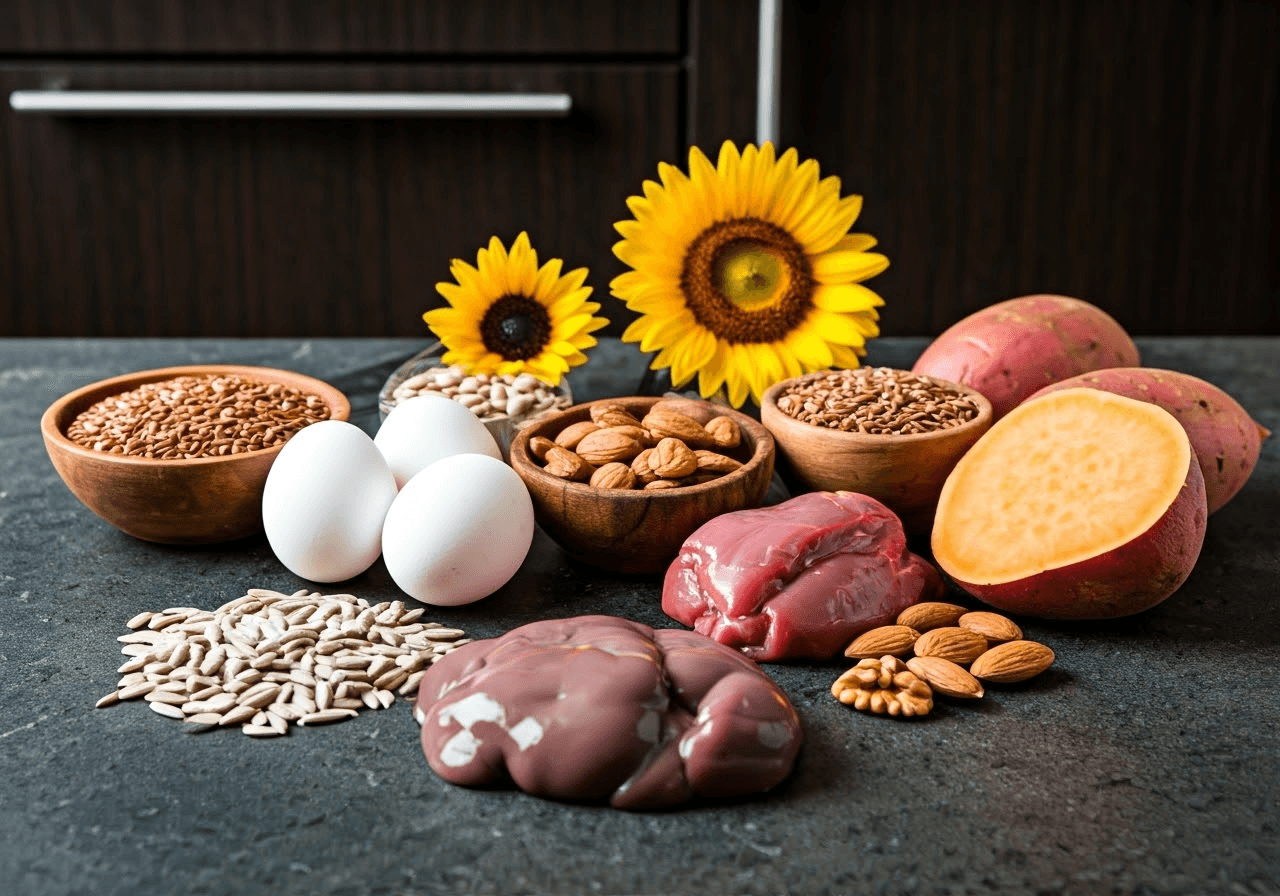 Biotin-rich foods on counter.