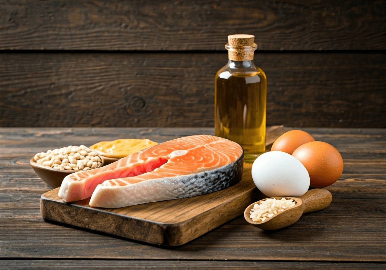 Vitamin D3-rich foods on table.