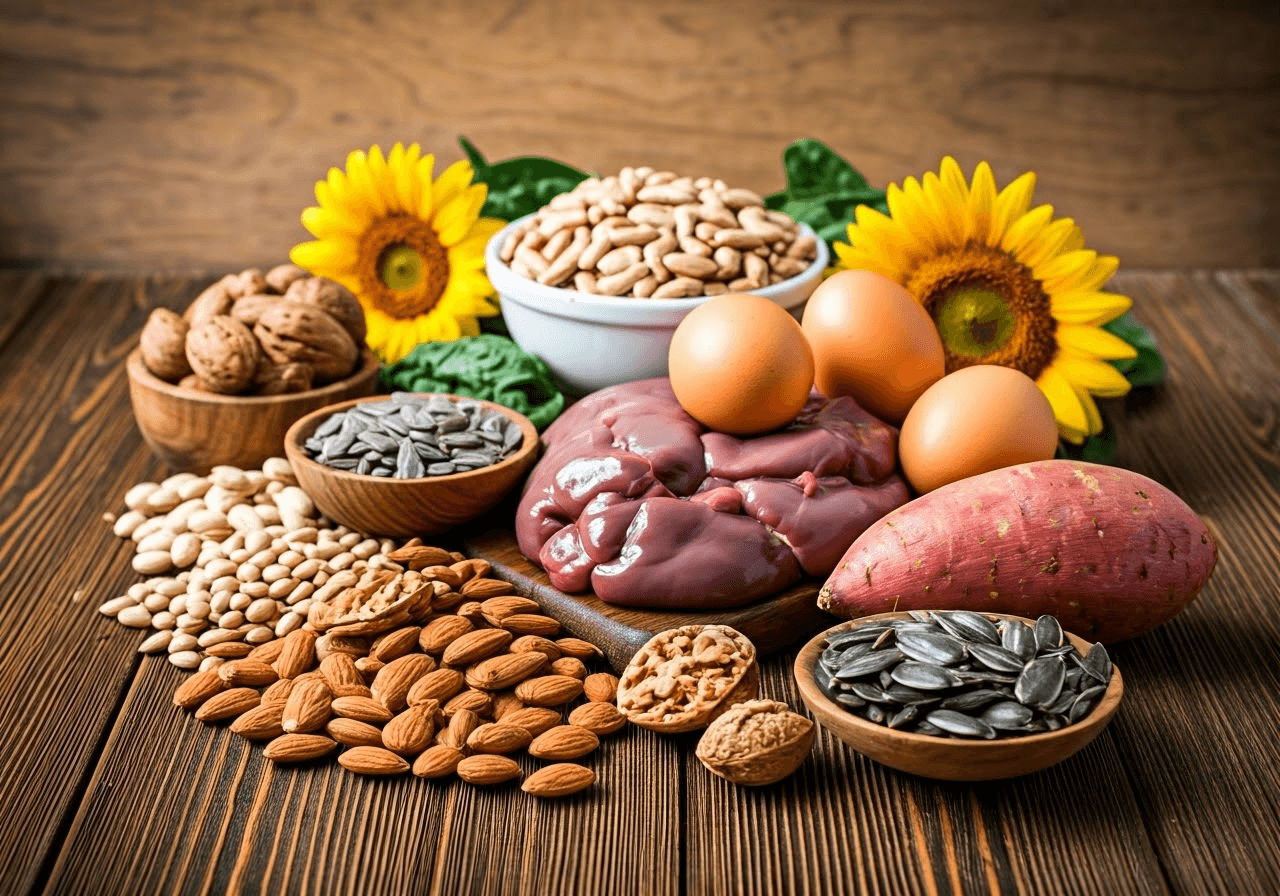 Biotin-rich foods displayed aesthetically.