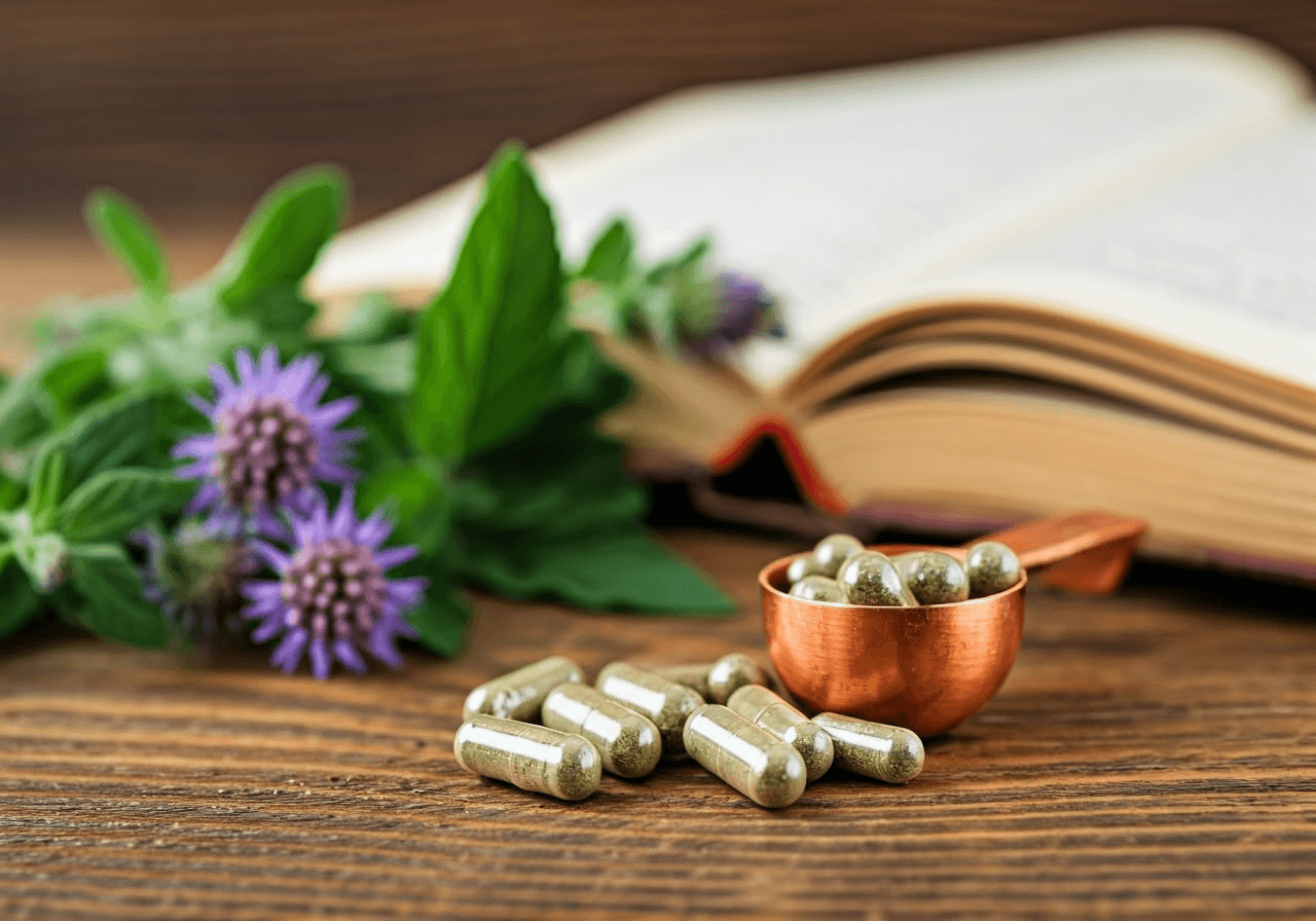 Herbal supplements with fresh herbs.