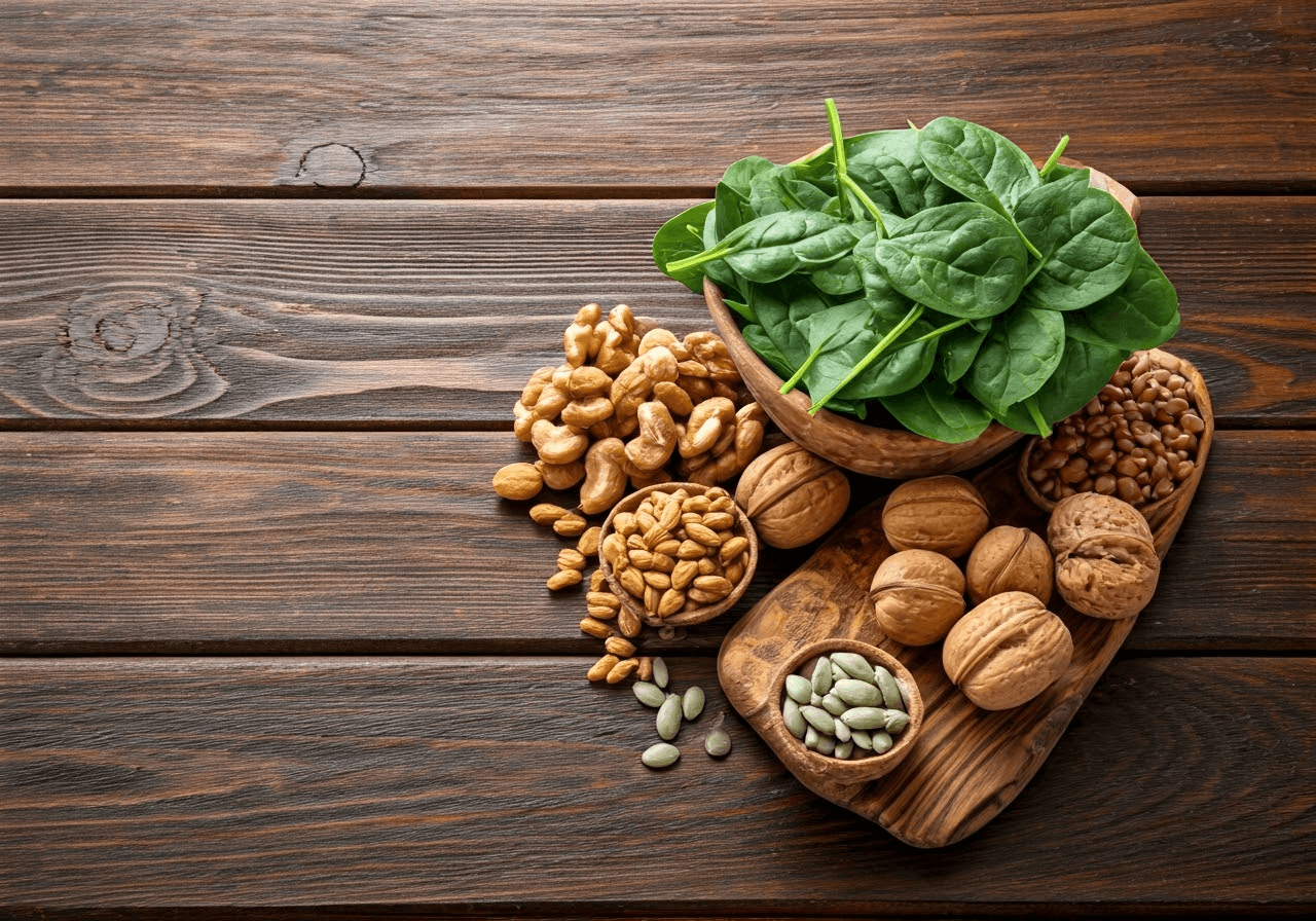 Zinc-rich foods on wooden table.