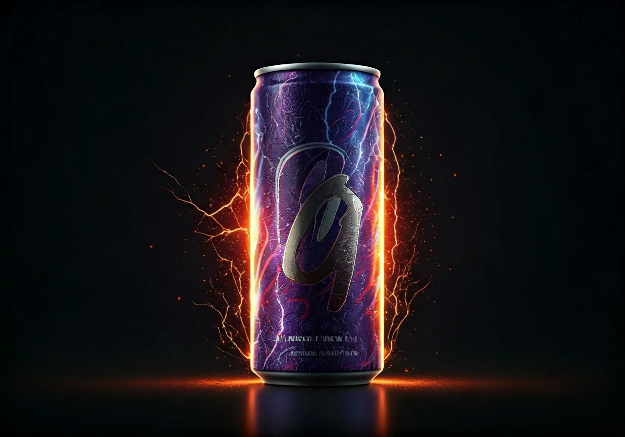 Energy drink with glowing design.