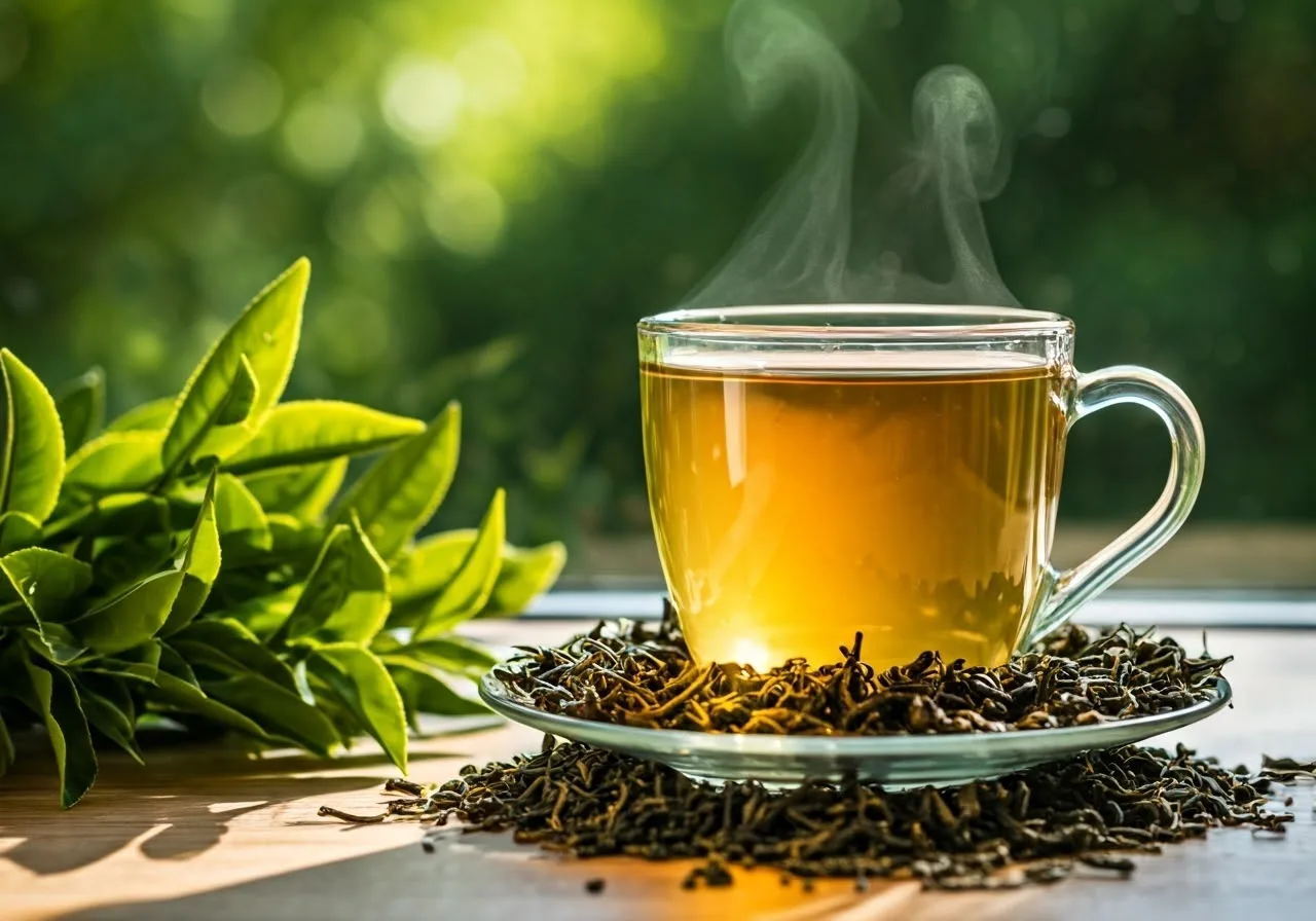 Steaming green tea with sunlight