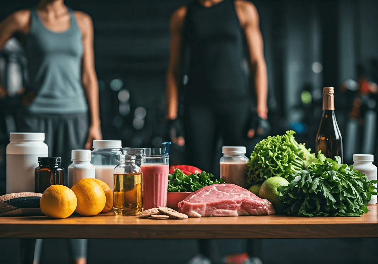 Athletes with nutritious food table