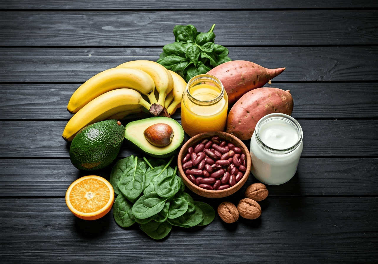 Potassium-rich foods on a table