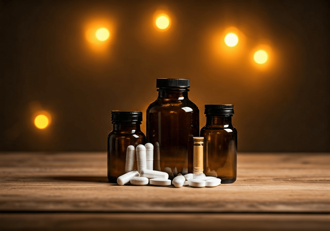 Supplements on a wooden table.