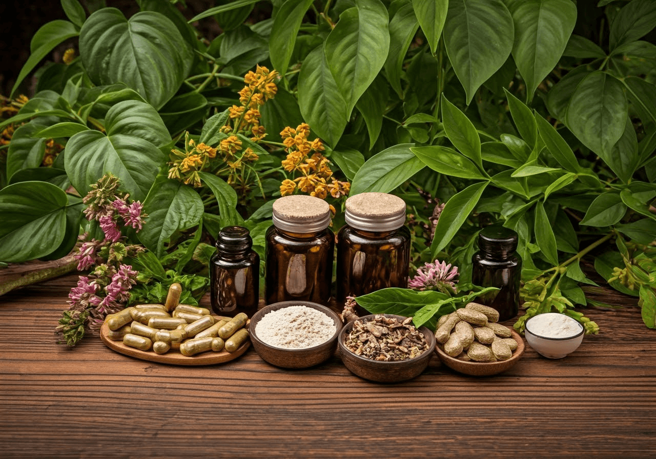Herbal supplements displayed on table.