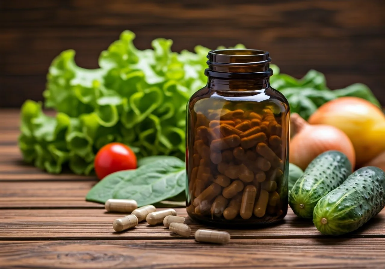 Healthy supplement bottle on wood.